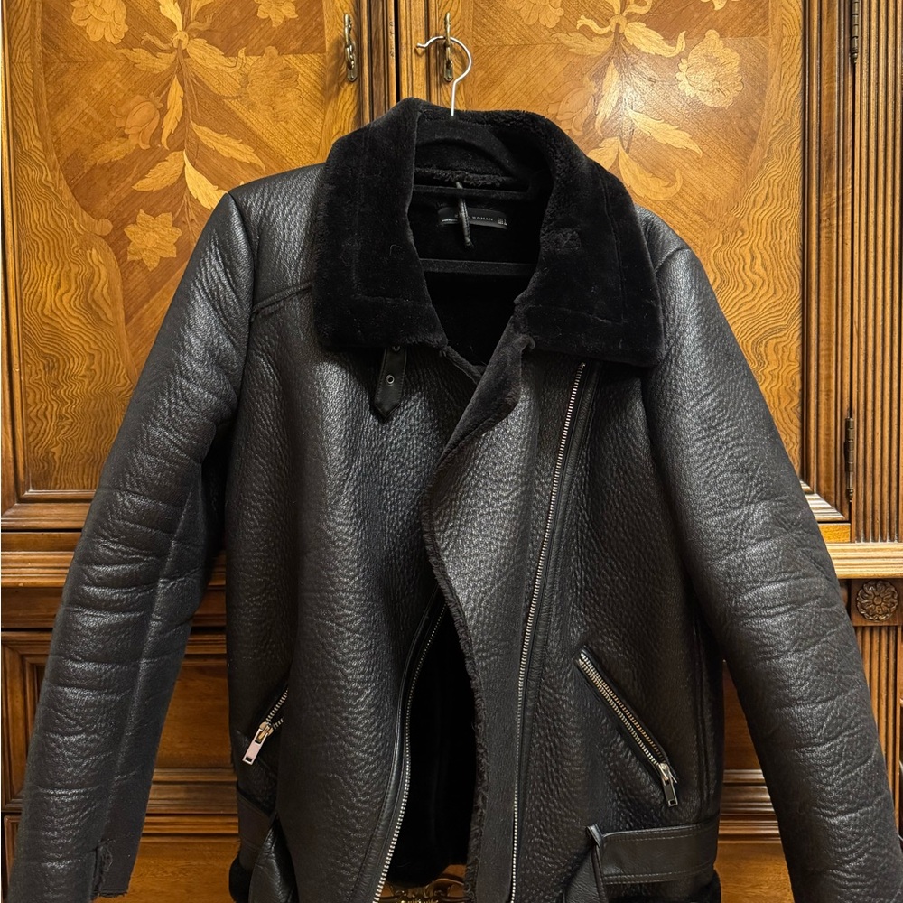 Zara Black Leather Jacket with Shearling Collar